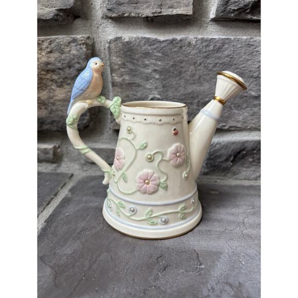 Lenox Petal And Pearls Bluebird Bud Vase Watering Can 5” Porcelain Cottagecore - Picture 1 of 11